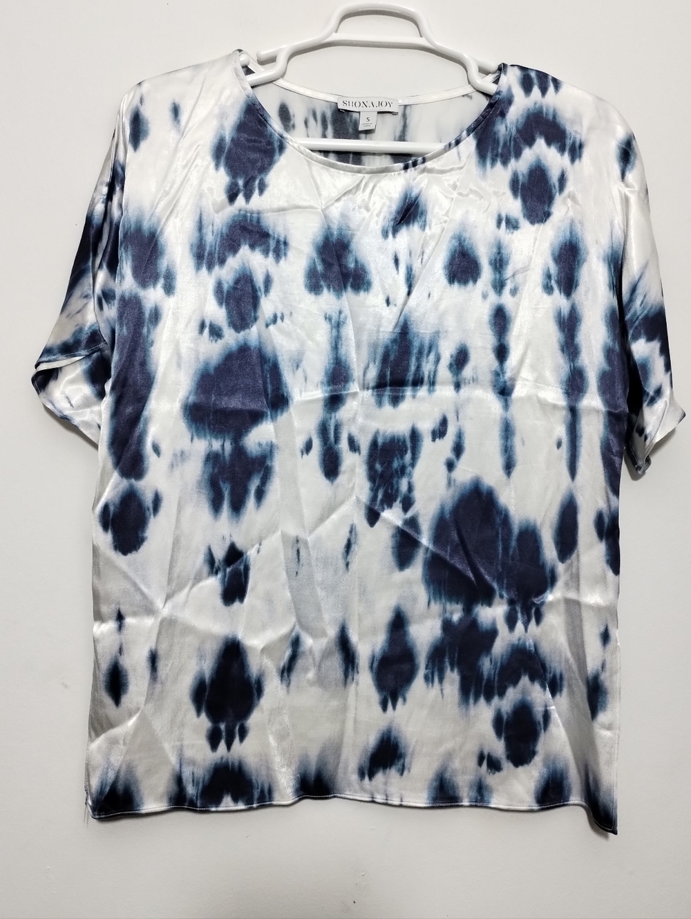 Shona Joy Blue White Short Sleeve Tunic Blouse Women's S Loose Lagenlook Artsy